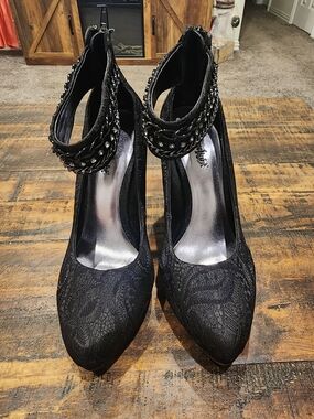 Limelight Black Lace Pointed-Toe Ankle-Strap Heels